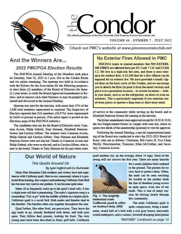 Page one of July 2022 Condor newsletter