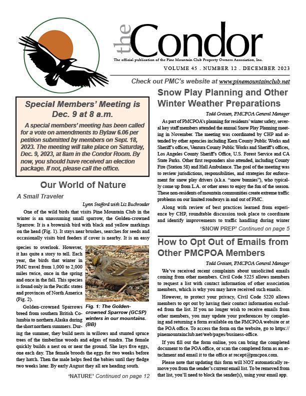 December 2023 Condor newsletter page 1 image