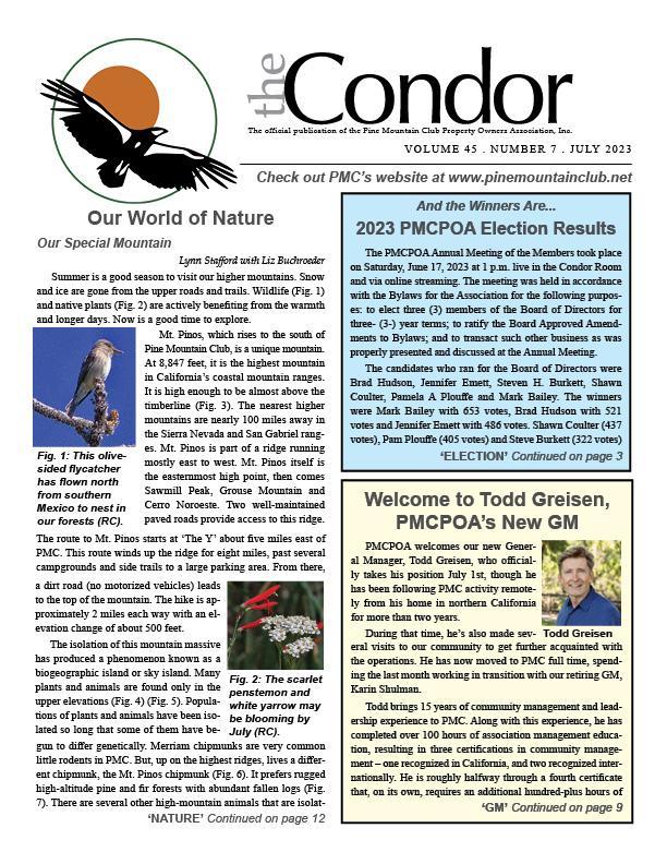 July 2023 Condor newsletter page one image